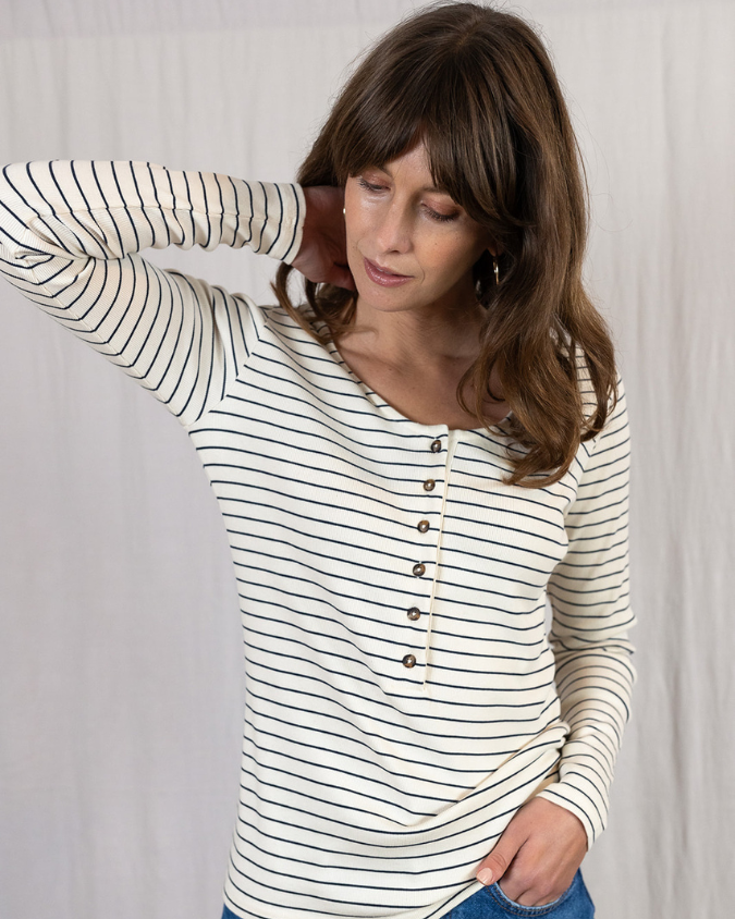 Ivy Iris Organic Cotton Ecru/Navy Fine Stripe Rib T-Shirt