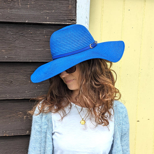 Black Ginger - Bright and Bold Wide Brim Foldable Hat - Azure Blue (57cm)