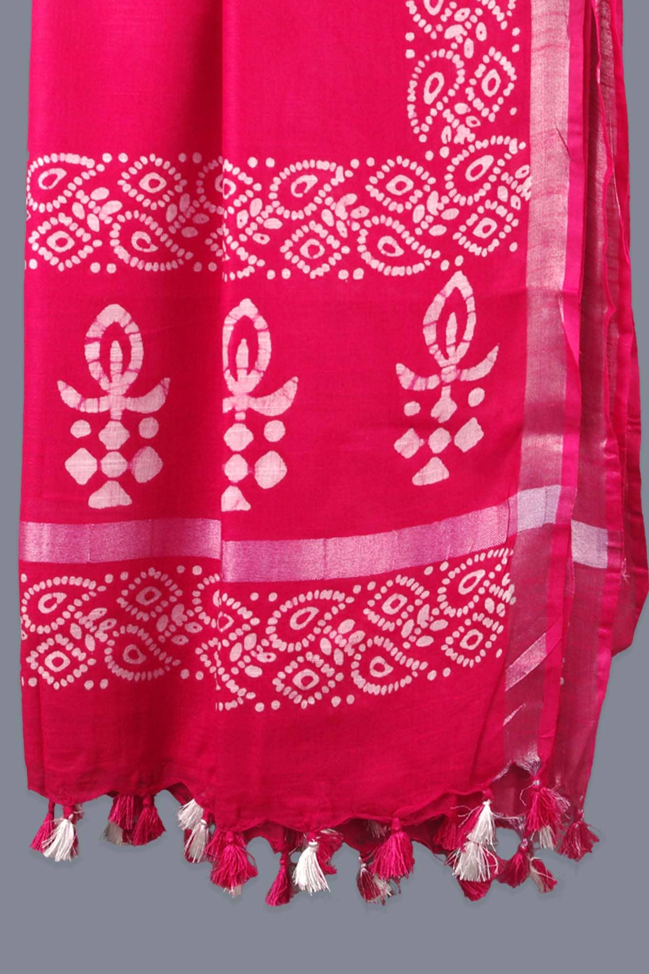 Kantha Decor - Linen Scarf / Stole with Tussle - Hot Pink White Batik Print