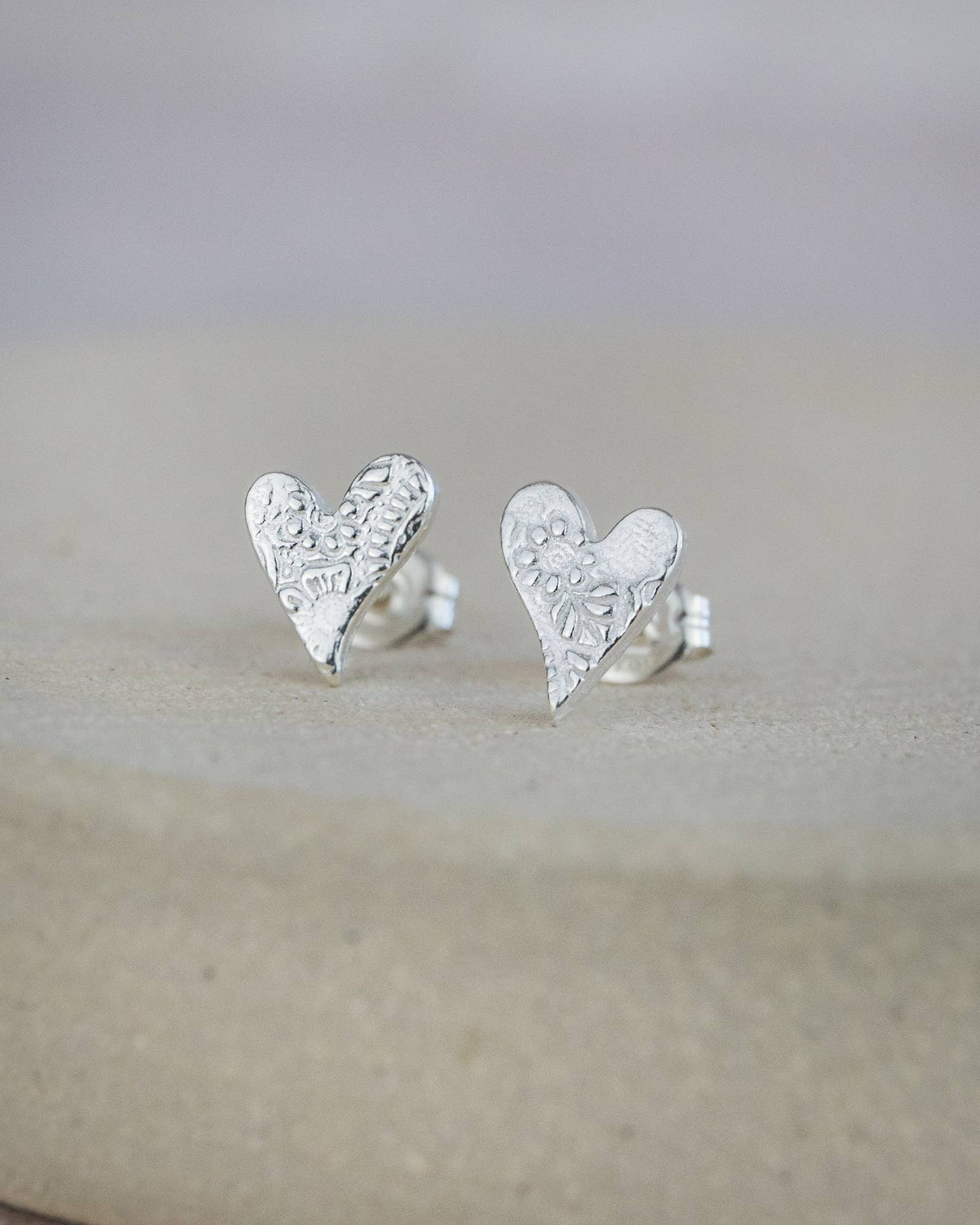 Lucy Kemp - Sterling Silver Textured Tilted Heart Studs