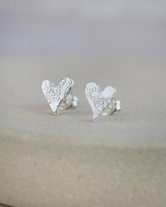 Lucy Kemp - Sterling Silver Textured Tilted Heart Studs