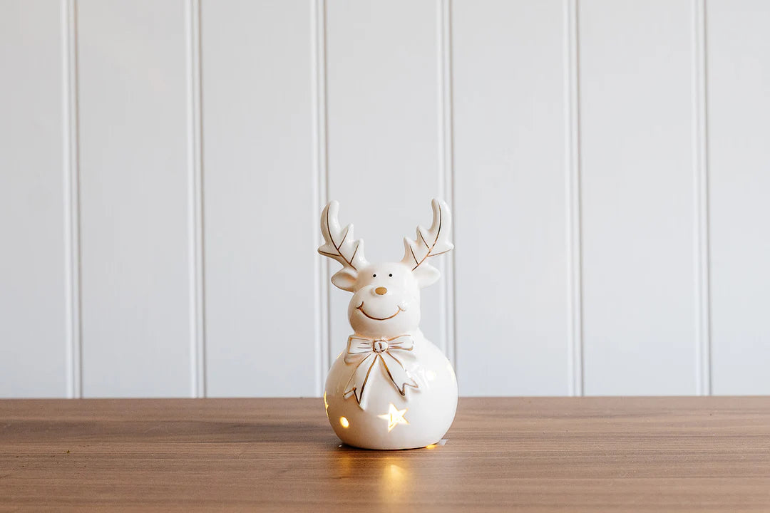 Ceramic White and Gold Illuminated Reindeer