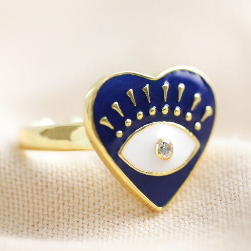My Doris Navy Blue Eye Heart Enamel Ring in Gold