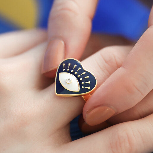 My Doris Navy Blue Eye Heart Enamel Ring in Gold