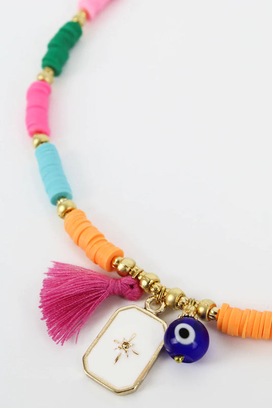 MY DORIS BEADED CHARM & TASSEL NECKLACE