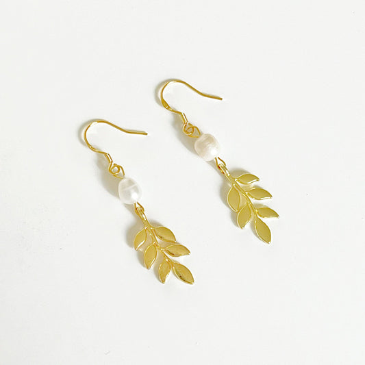 Ninaouity - Gold Willow Leaf and Freshwater Pearl Earrings