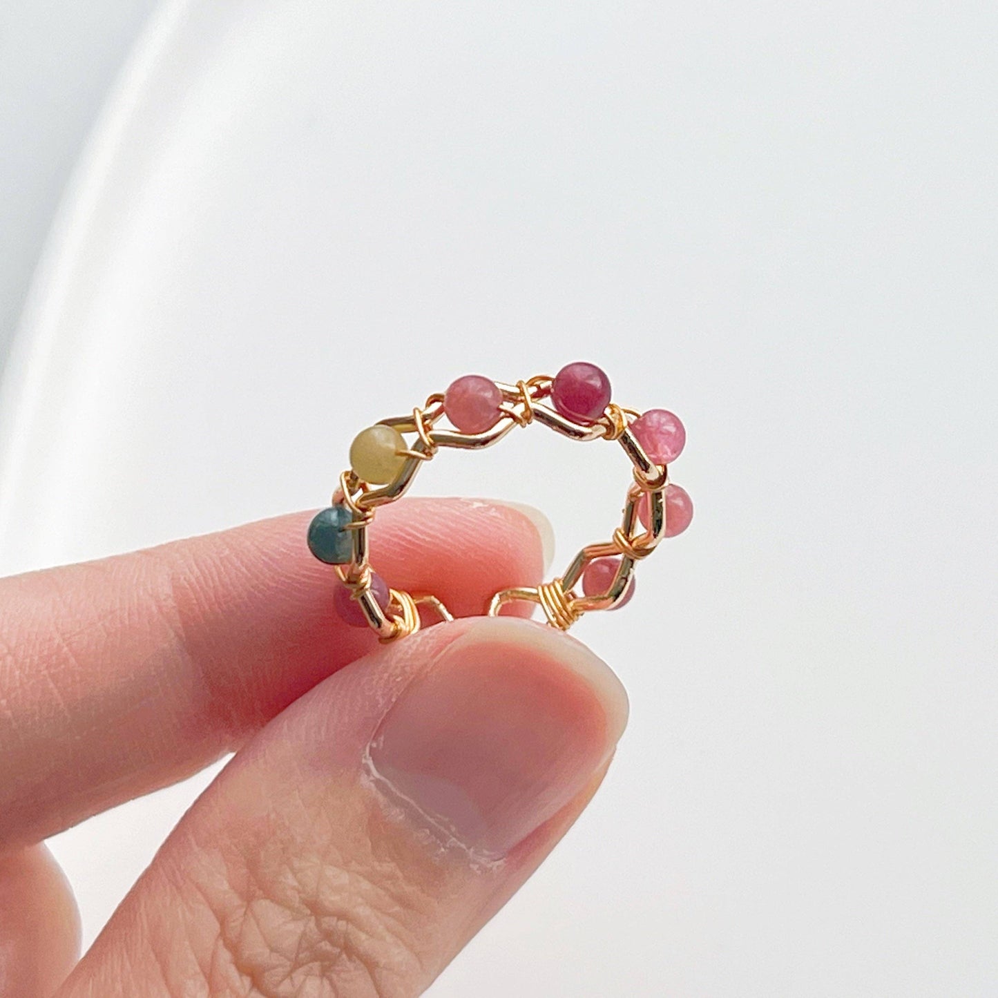Ninaouity - Rainbow Tourmaline Beaded Adjustable Ring October Birthstone