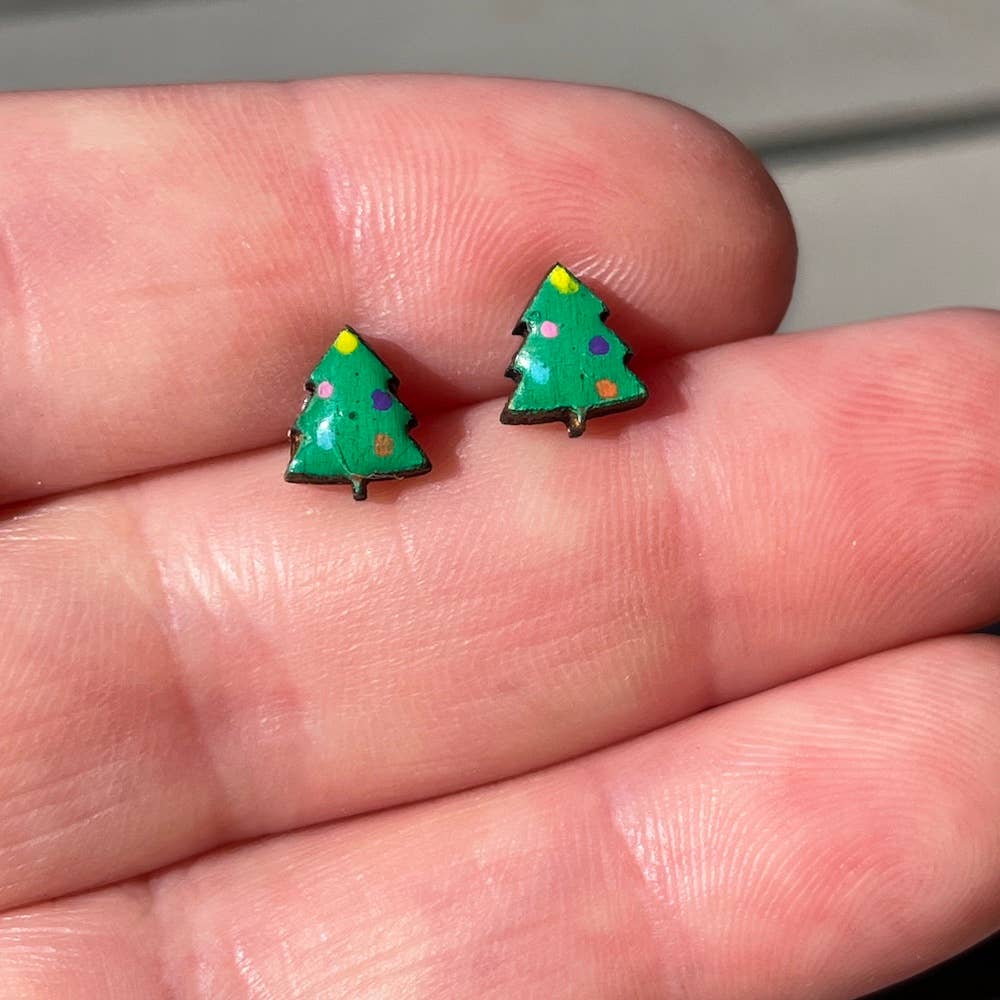 Hand-Painted Wooden Christmas Tree Earrings