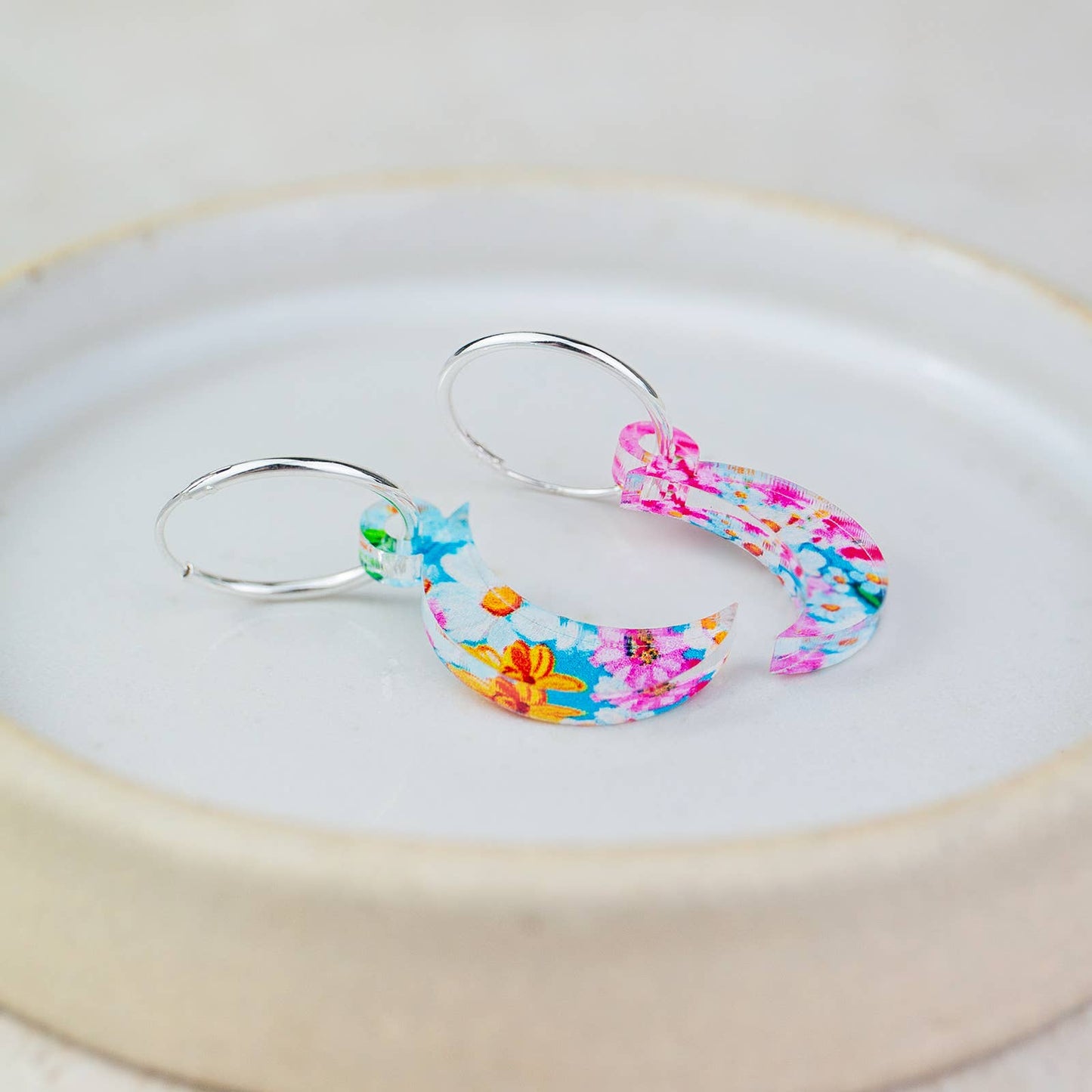 Sterling Silver And Acrylic Colourful Floral Charm Hoops