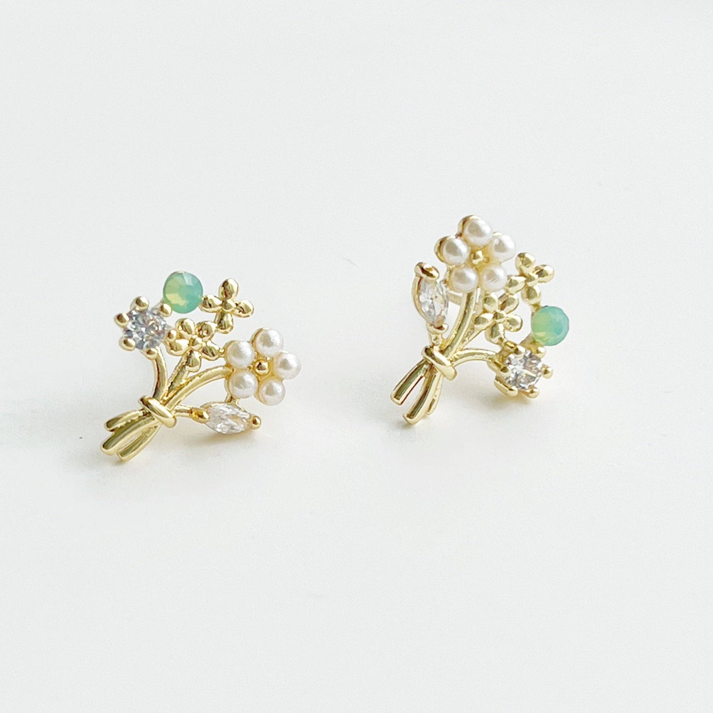 Ninaouity - Gold Flower Banquet with Pearl and Green Crystal Earrings
