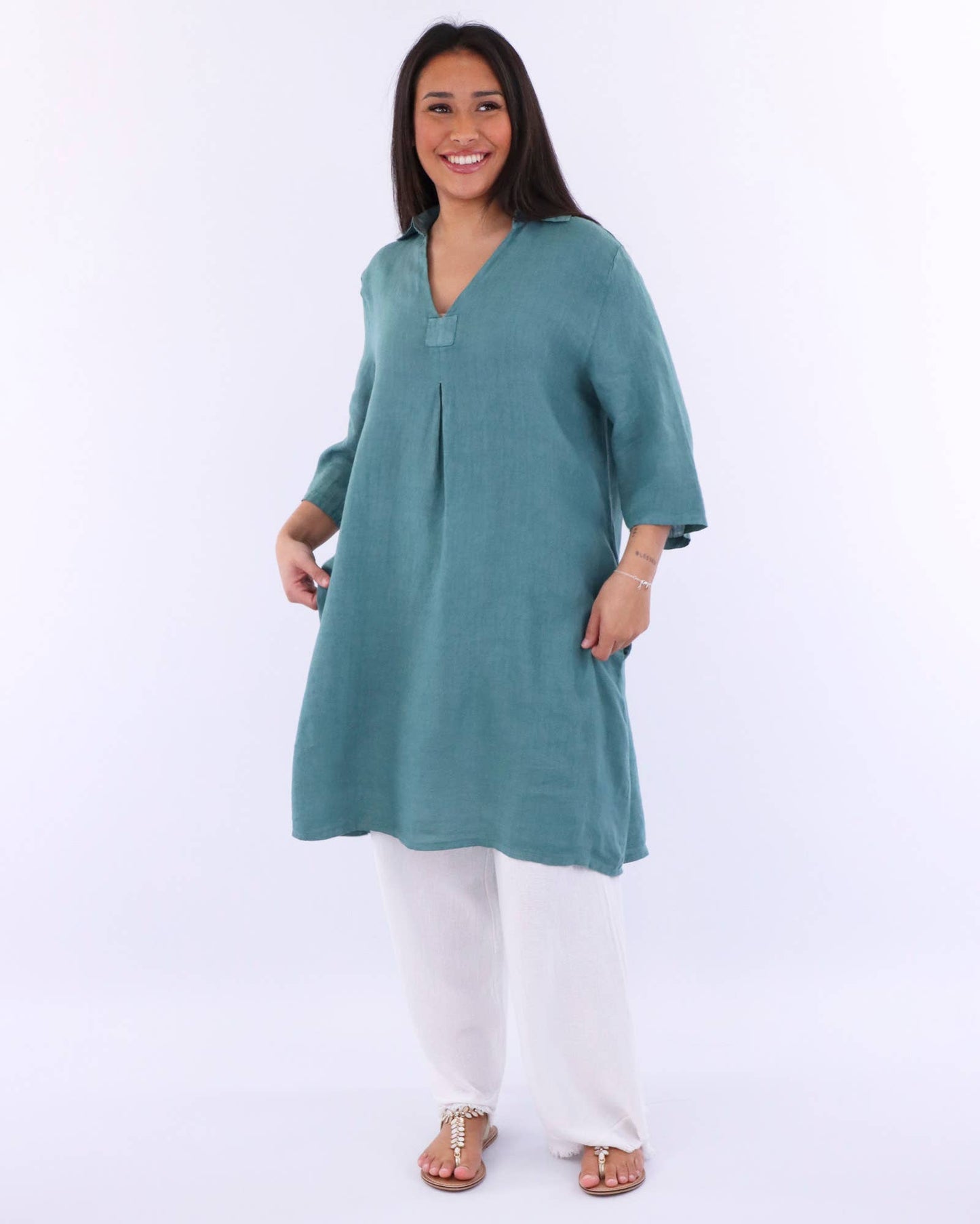Cadenza V Neck Linen Shirt-Dress: One Size