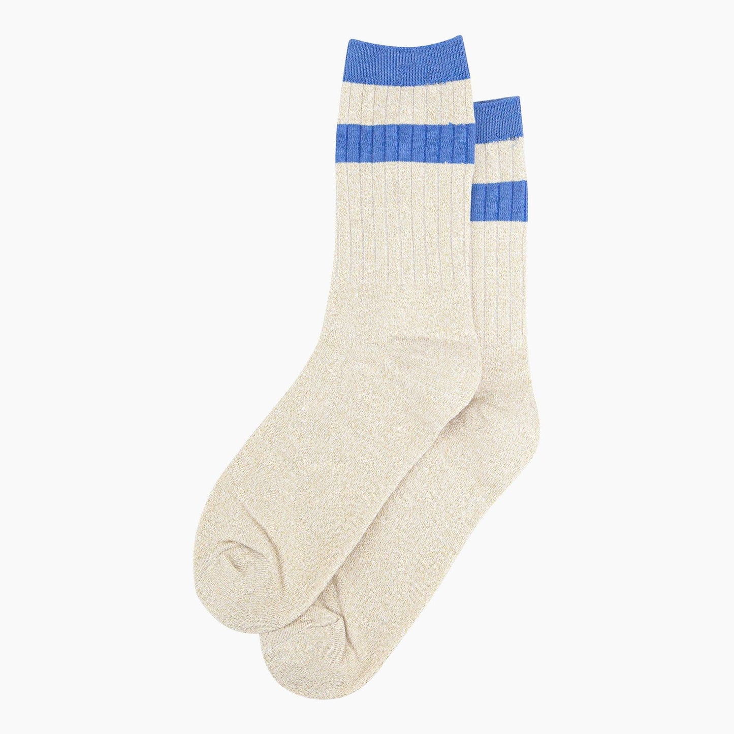Striped Cuff Ribbed Cotton Glitter Socks in Cream/Blue