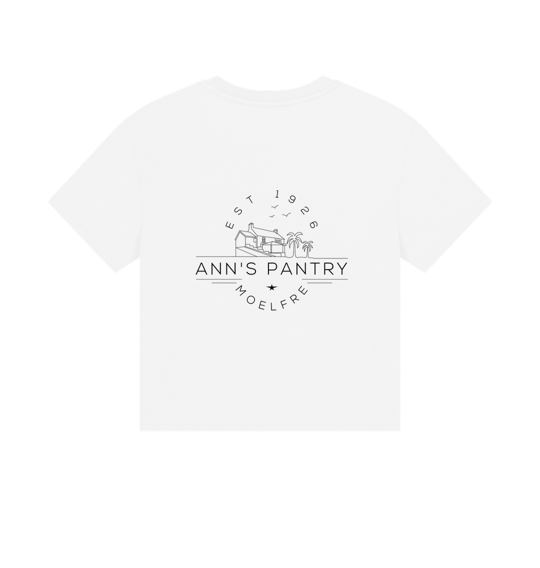 White Ann's Pantry Ladies Boxy Tee Logo on back