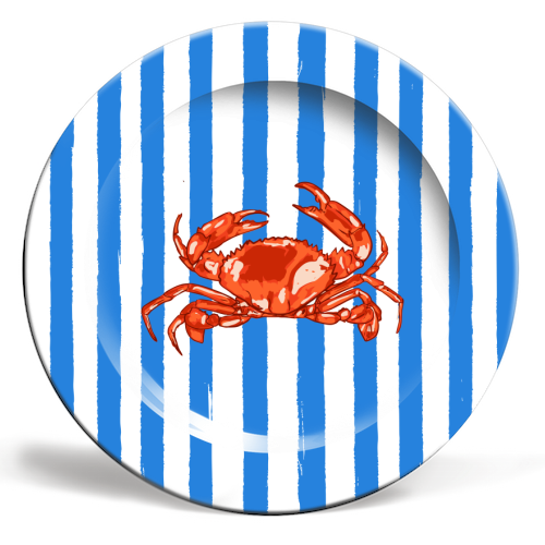 Art Wow - Plates, Retro Blue Stripes Red Crab Coastal Art by EZbie - 8" & 10"