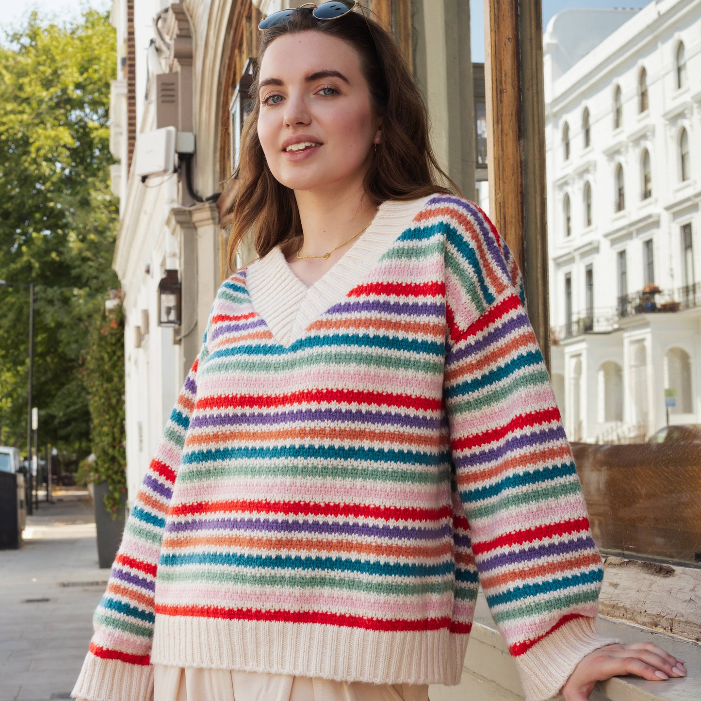 Cara & The Sky - Jasmine Wide Sleeve V Neck Striped Jumper | Women's Knitwear