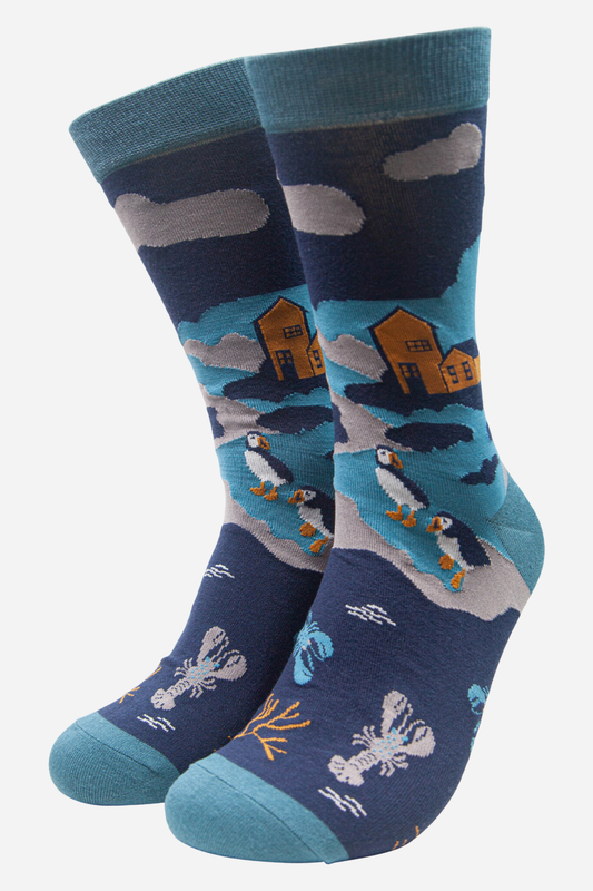 Men's Bamboo Socks -Blue/Teal, Coast Puffins