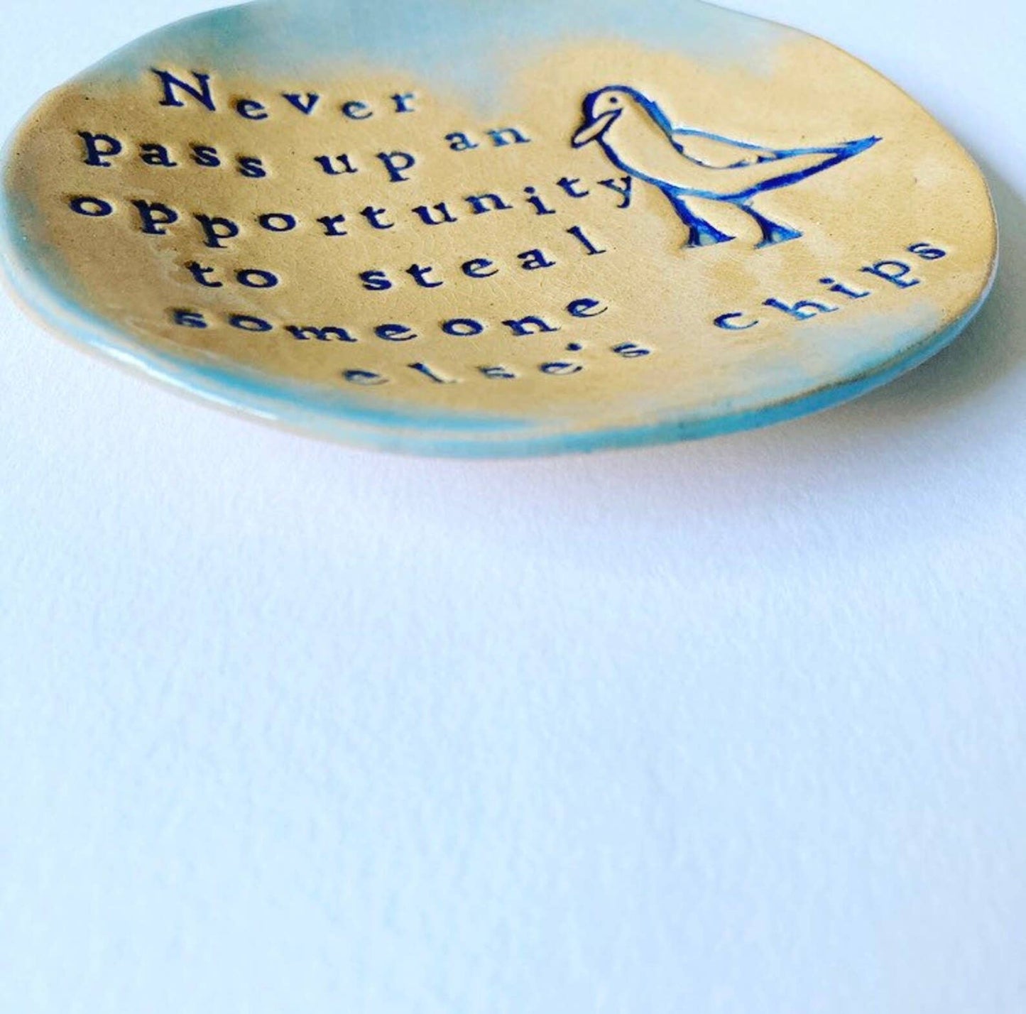 Chip Stealing Seagull Ceramic Dish: Handmade Jewelry Holder