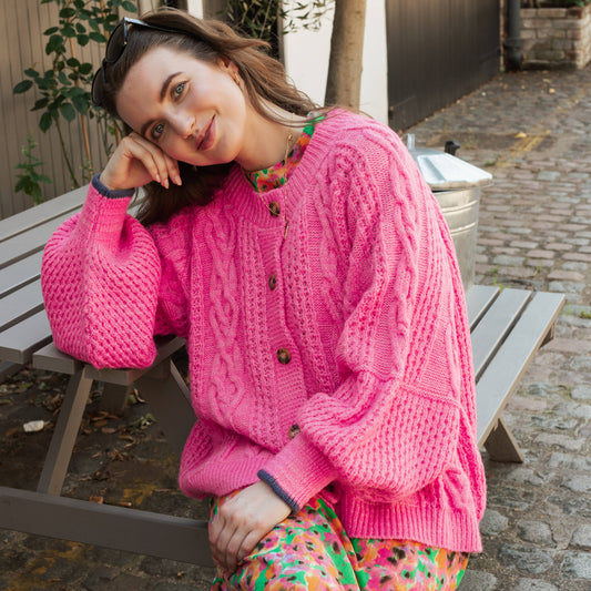 Cara & The Sky - Brigit Heart Stitch Oversized Balloon Sleeve Cardigan - Pink