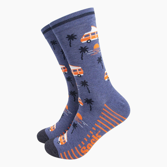 Campervan Palm Trees Bamboo Socks in Denim Blue