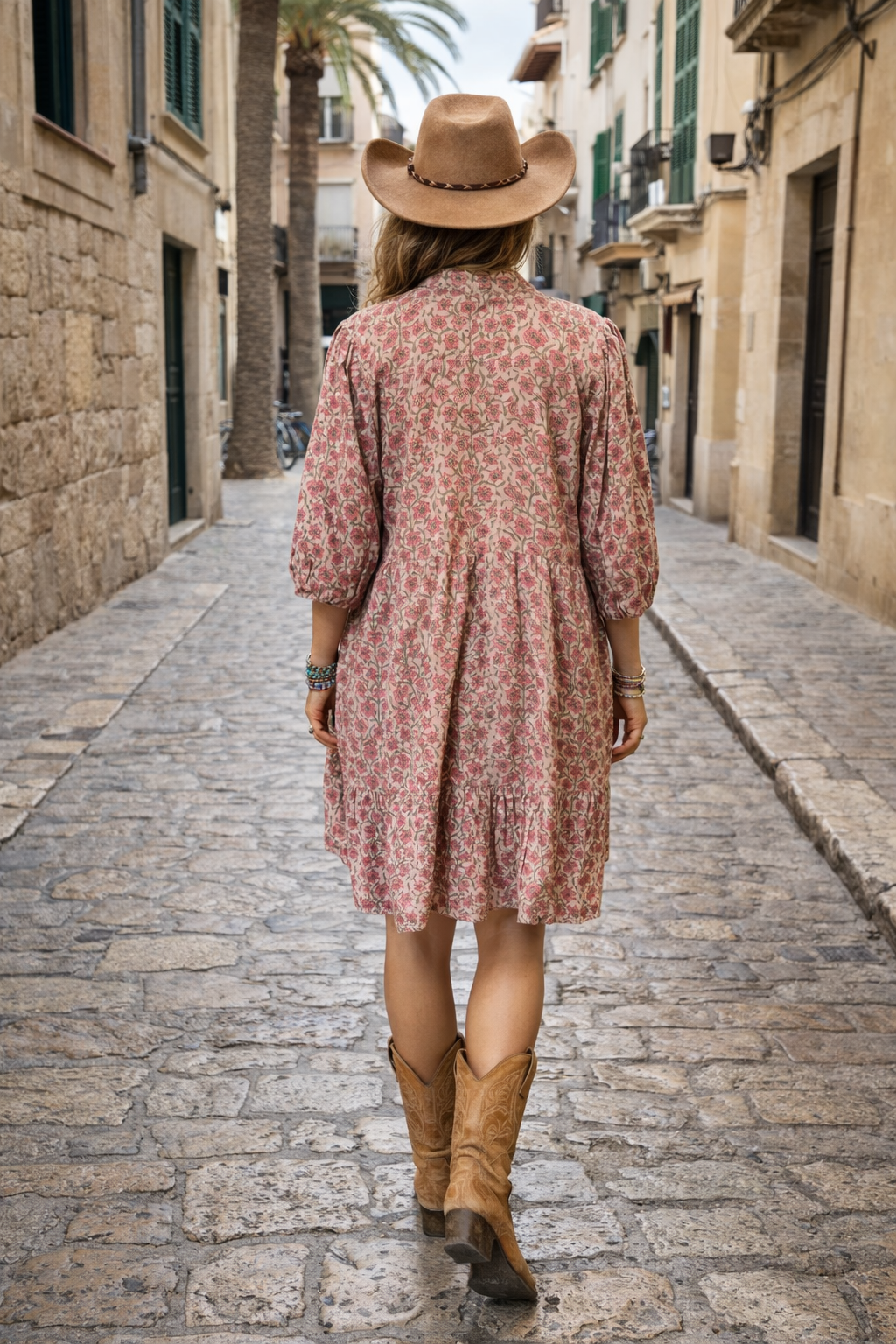 Floral blush pink woodblock print cotton dress