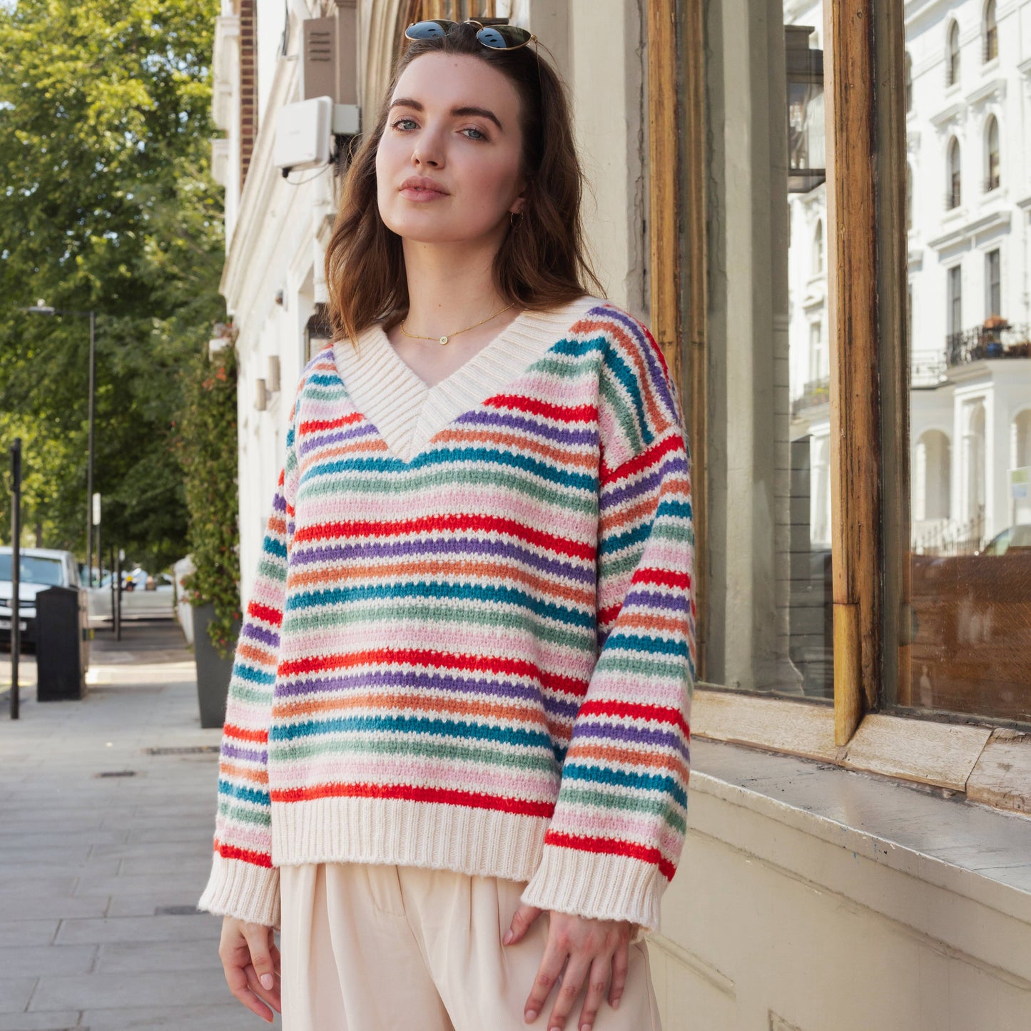 Cara & The Sky - Jasmine Wide Sleeve V Neck Striped Jumper | Women's Knitwear