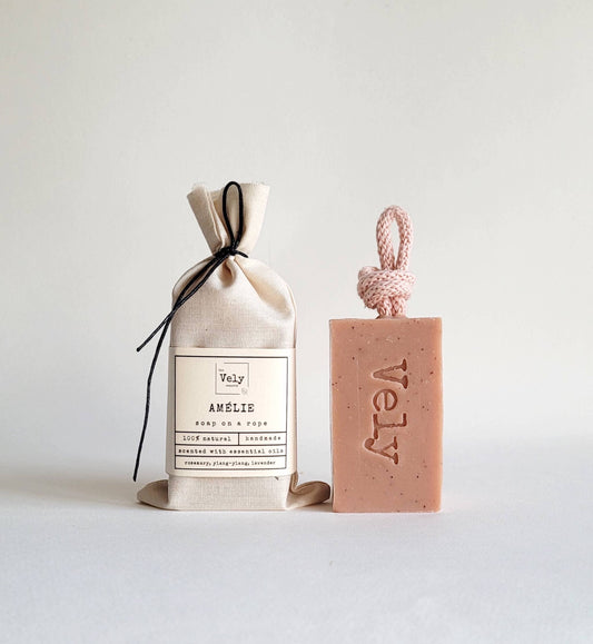 The Vely Soapery - Natural Handmade Soap On A Rope With Pink Clay  "Amélie"