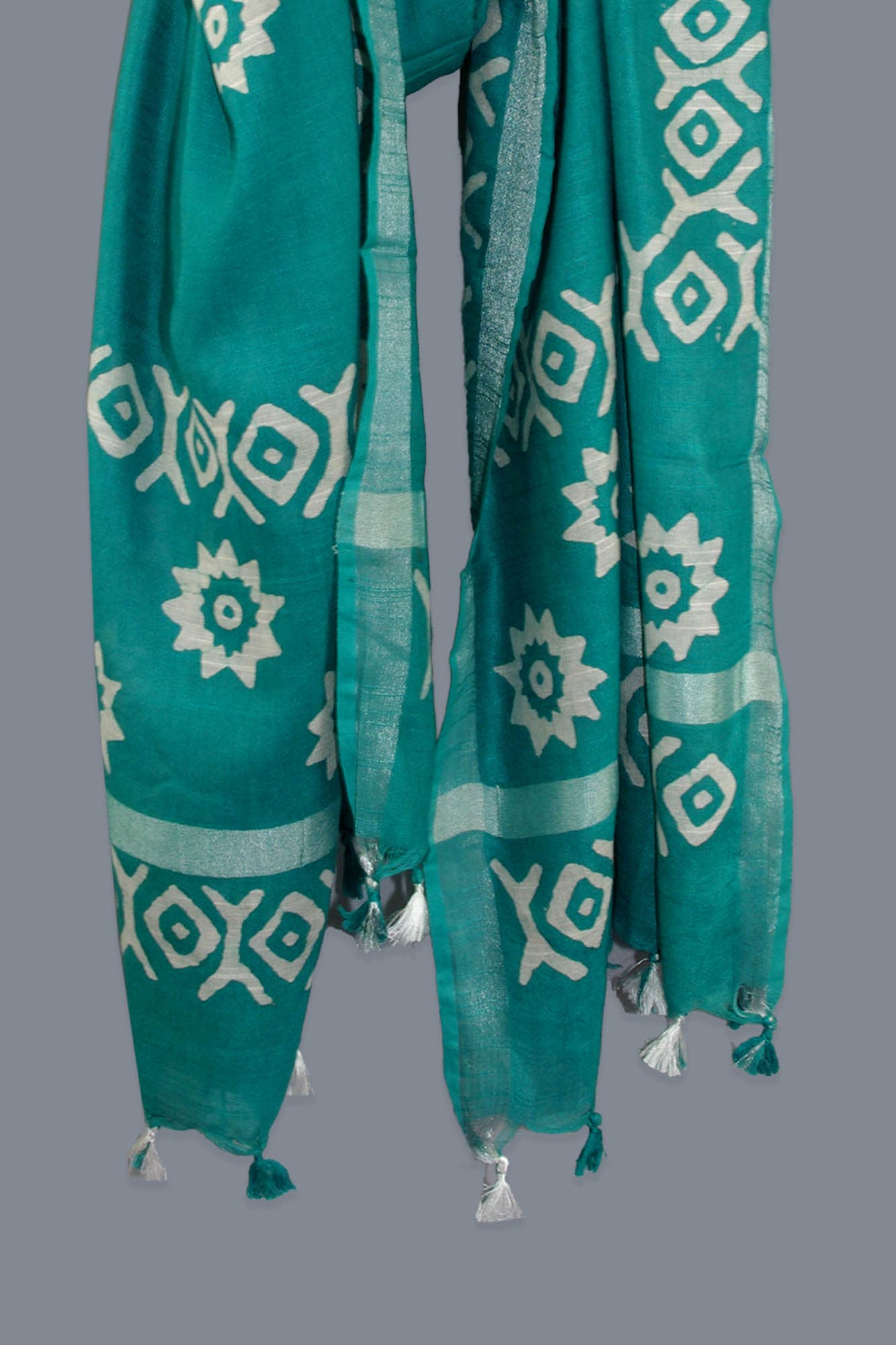 Kantha Decor - Linen Scarf / Stole with Tussle-Teal Green White Batik Print
