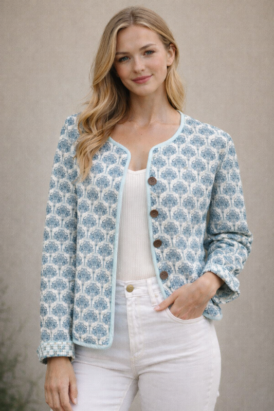 Wood block printed cotton quilted reversible jacket in soft blues.