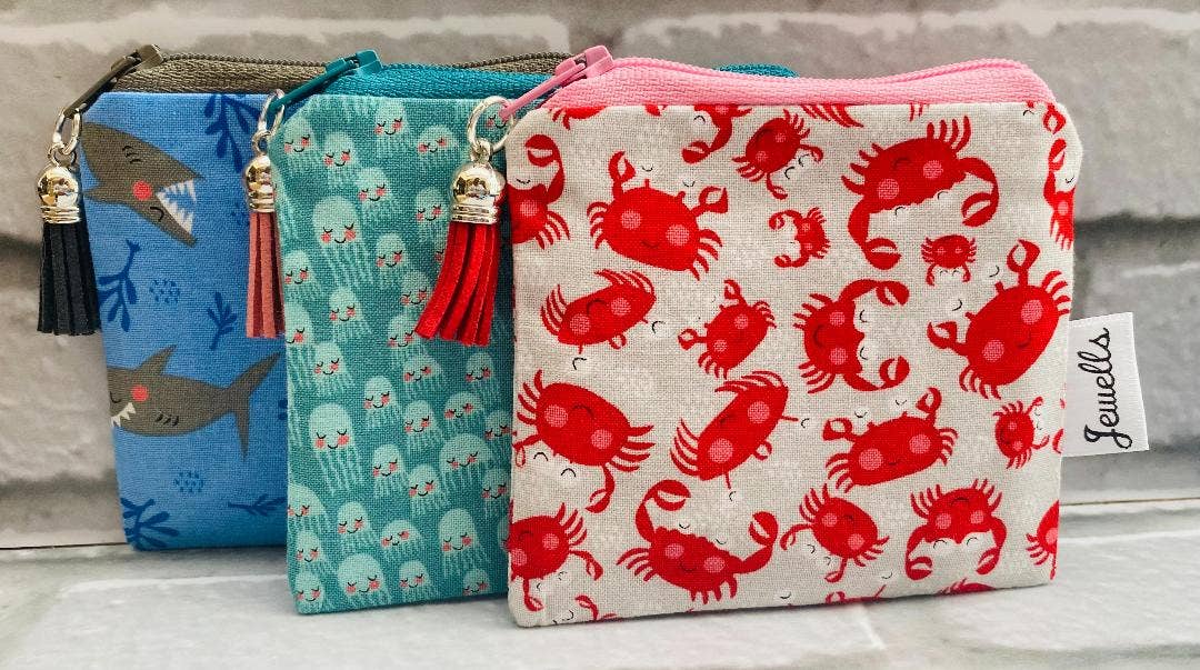 Jewells - Sealife fabric coin purse pouch 2 sizes Crab Shark Jellyfish