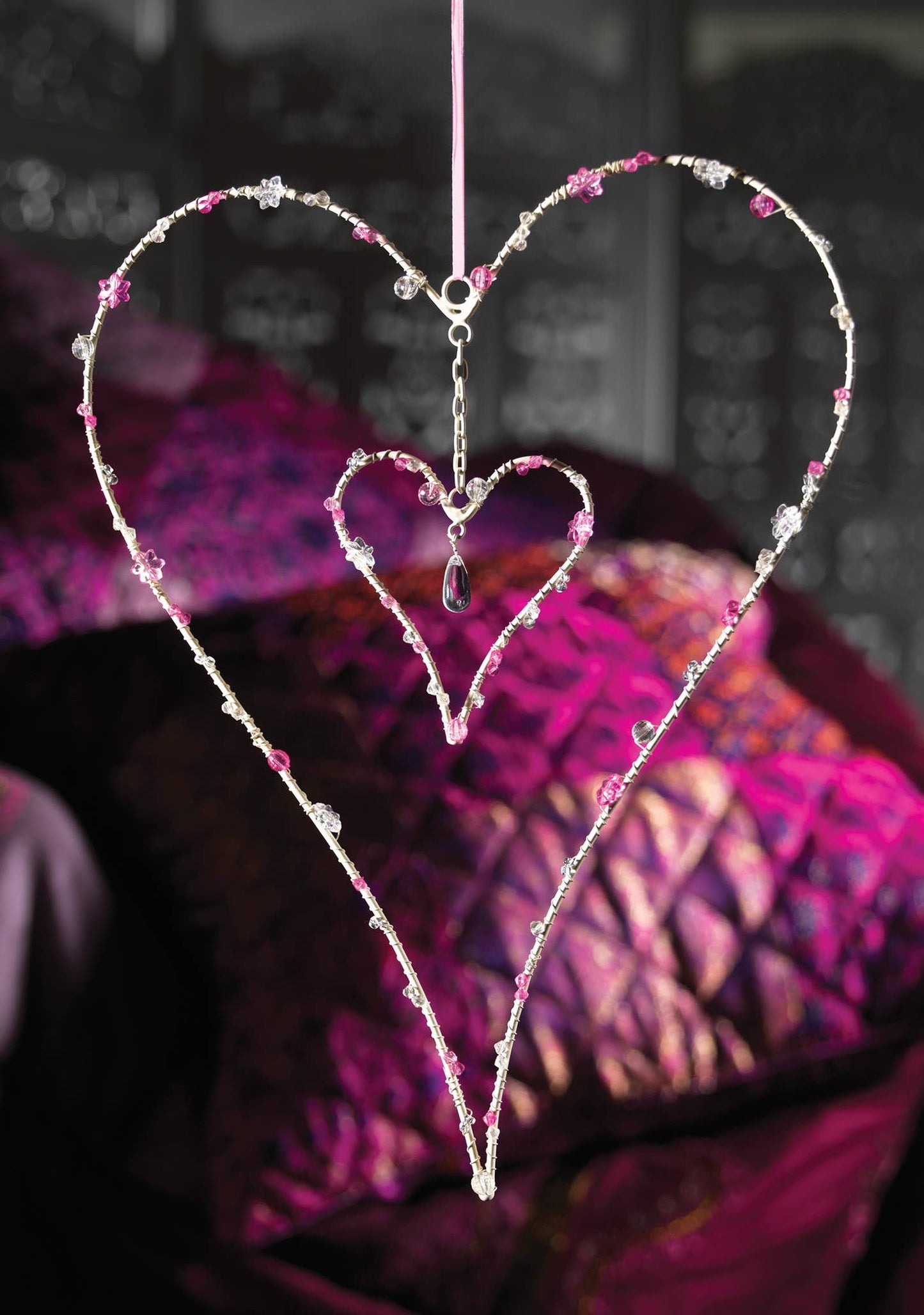 Namaste - Cream Wirework Beaded Double Heart Decoration, Large