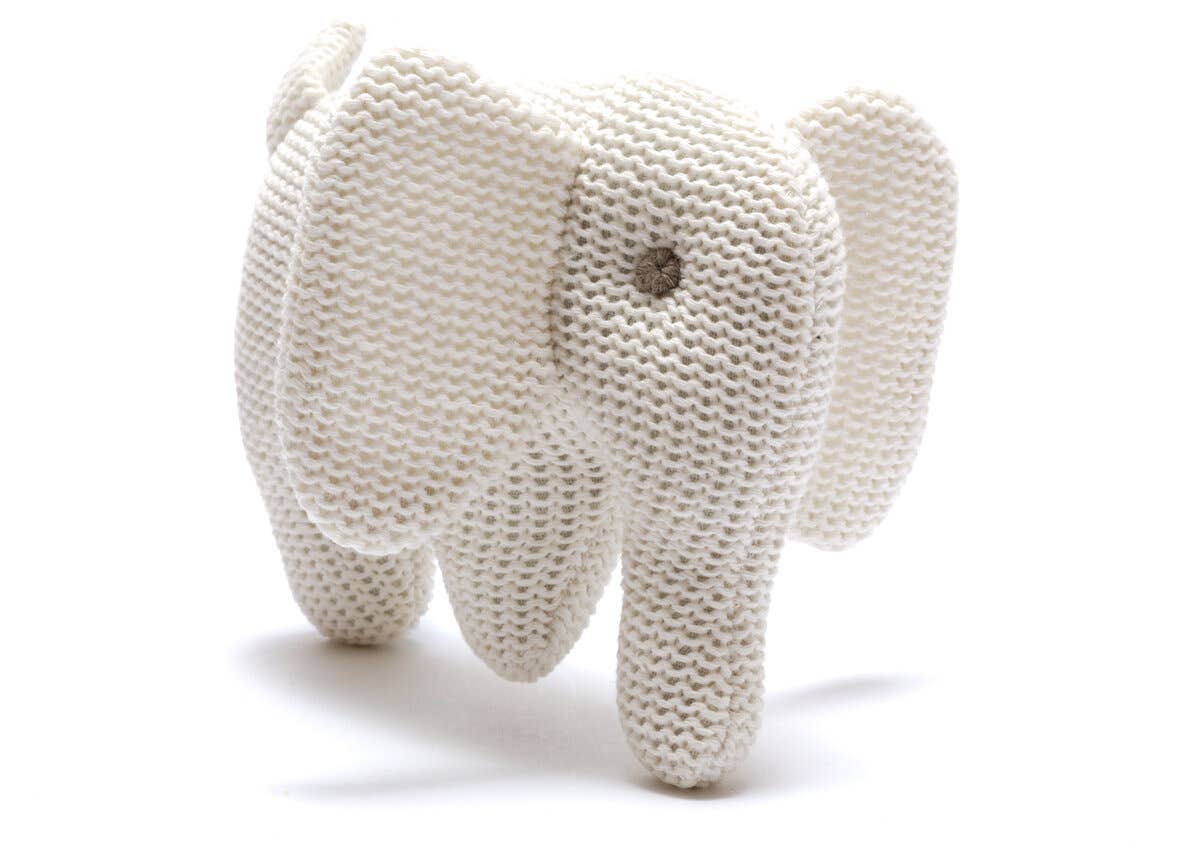 White Elephant Baby Rattle, Knitted Organic Cotton