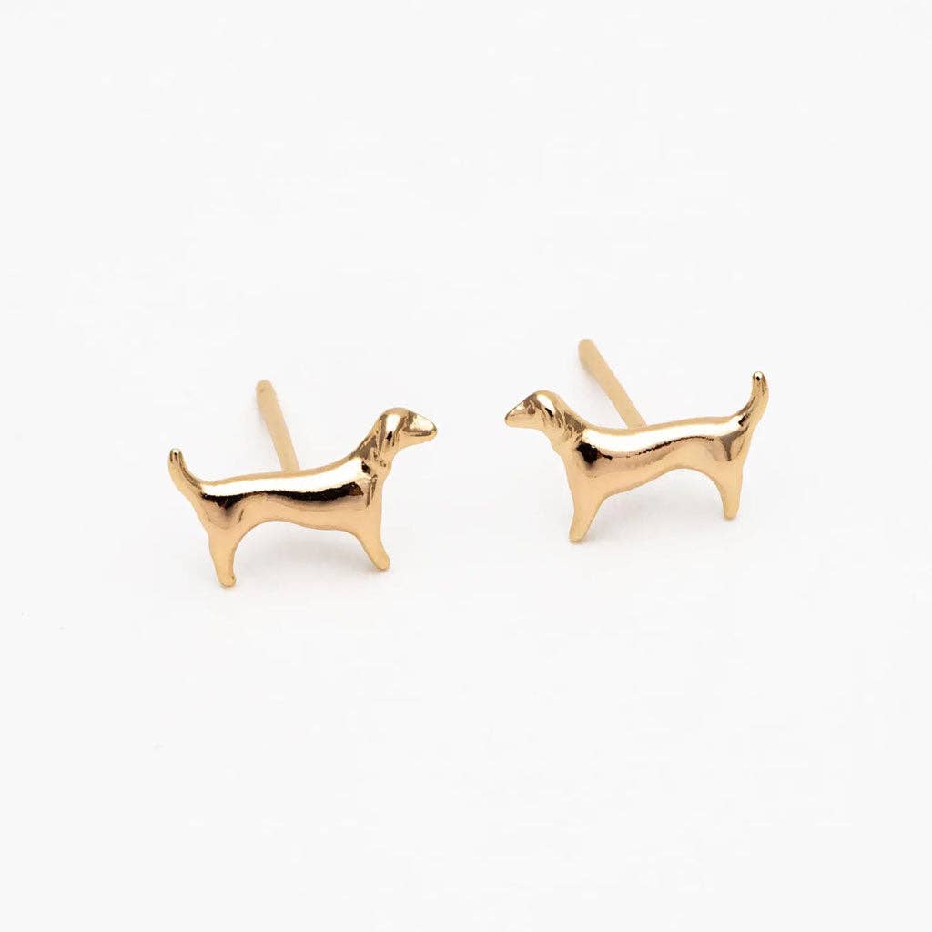 Gold-plated Dog Stud Earrings: Original Art in a Glass Dome
