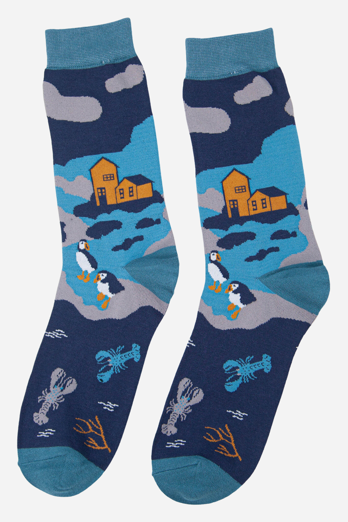 Men's Bamboo Socks -Blue/Teal, Coast Puffins