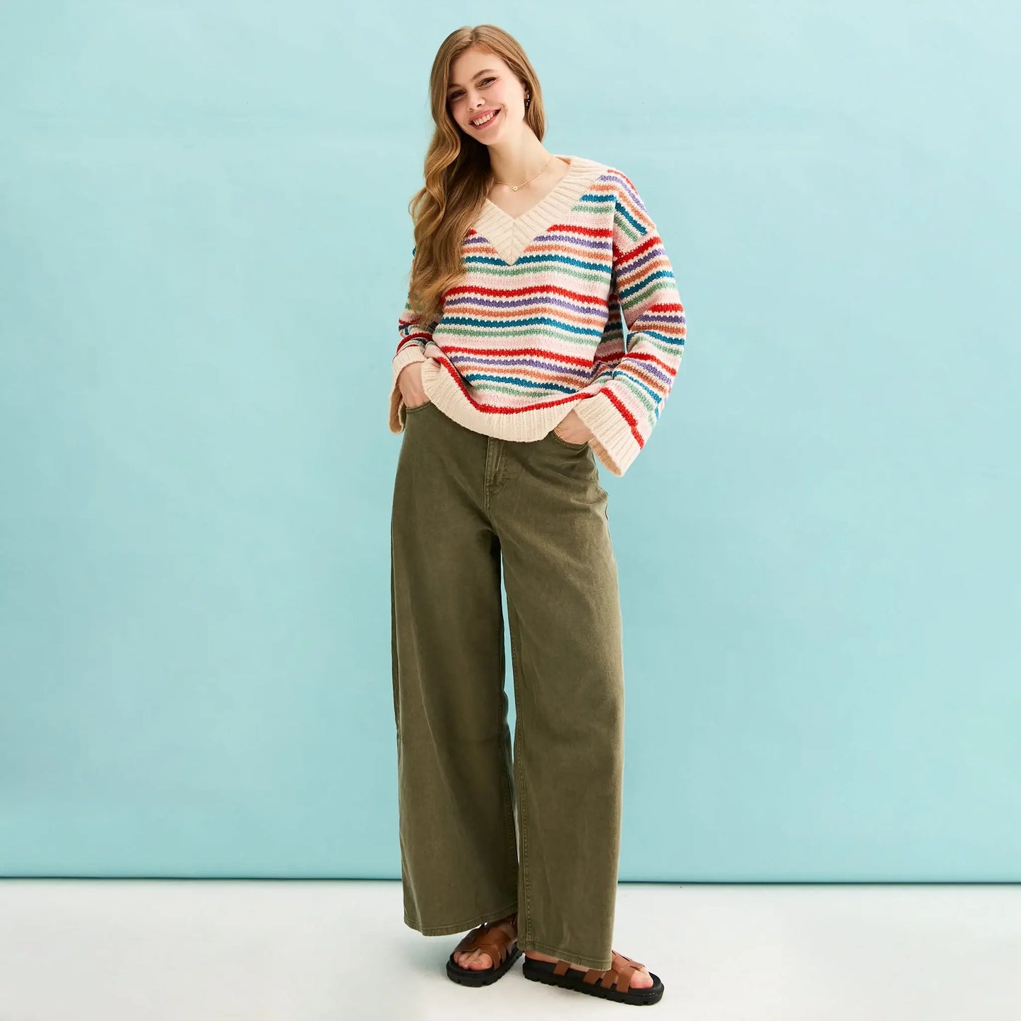 Cara & The Sky - Jasmine Wide Sleeve V Neck Striped Jumper | Women's Knitwear