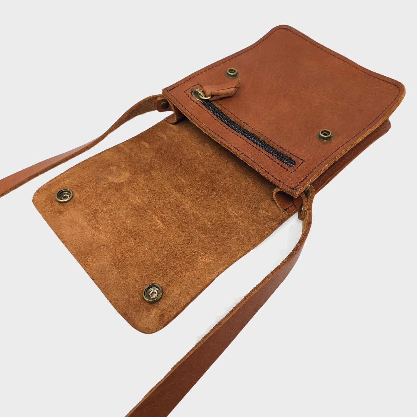 Small Tan Leather Crossbody Bag with Pop Closure