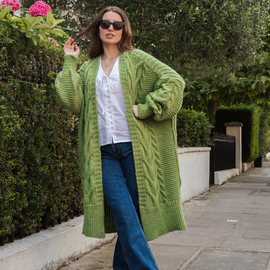 Cara & The Sky - Alex Cable Longline Balloon Sleeve Cardigan - Green | Knit