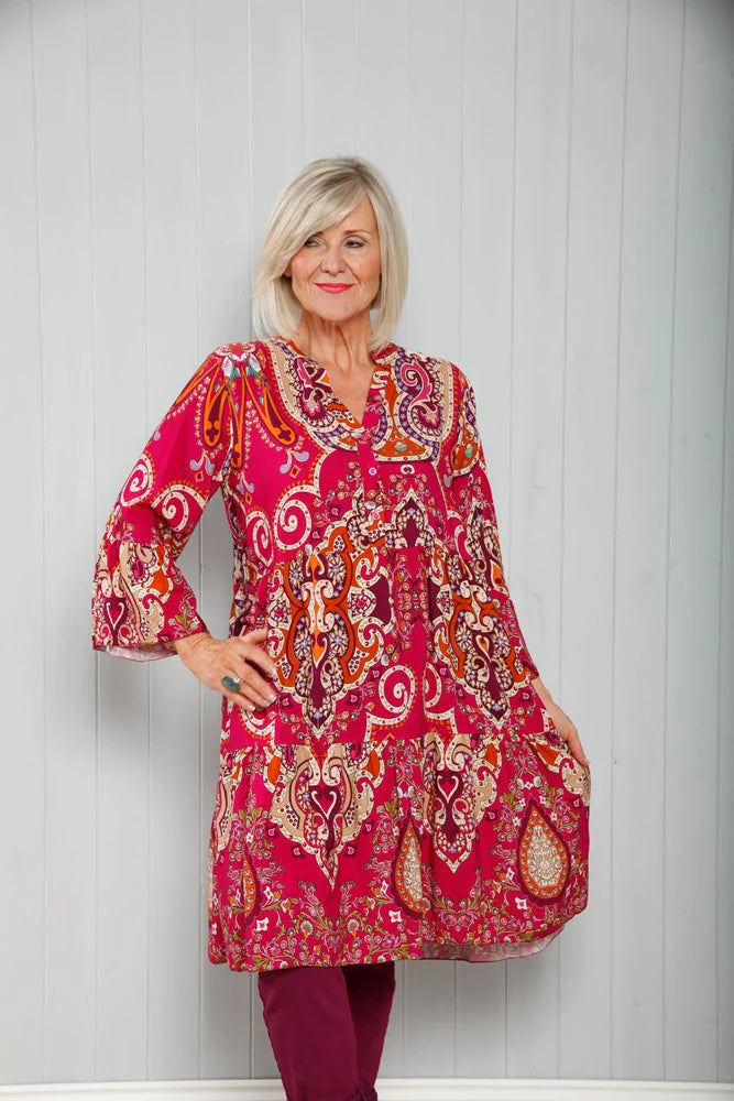 Paisley flower button tunic - berry