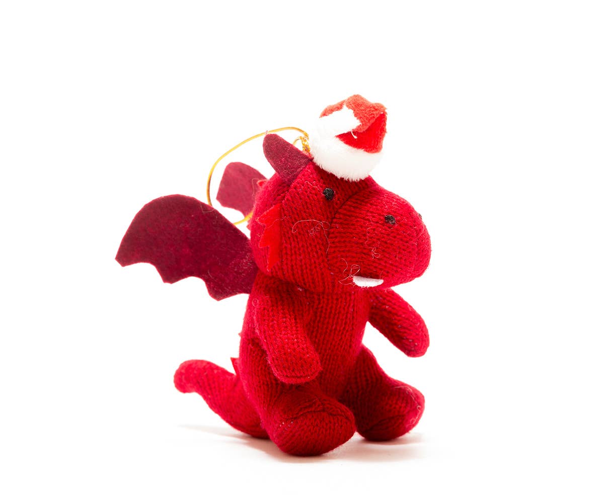 Red Dragon Christmas Decoration wearing Xmas Hat, Knitted