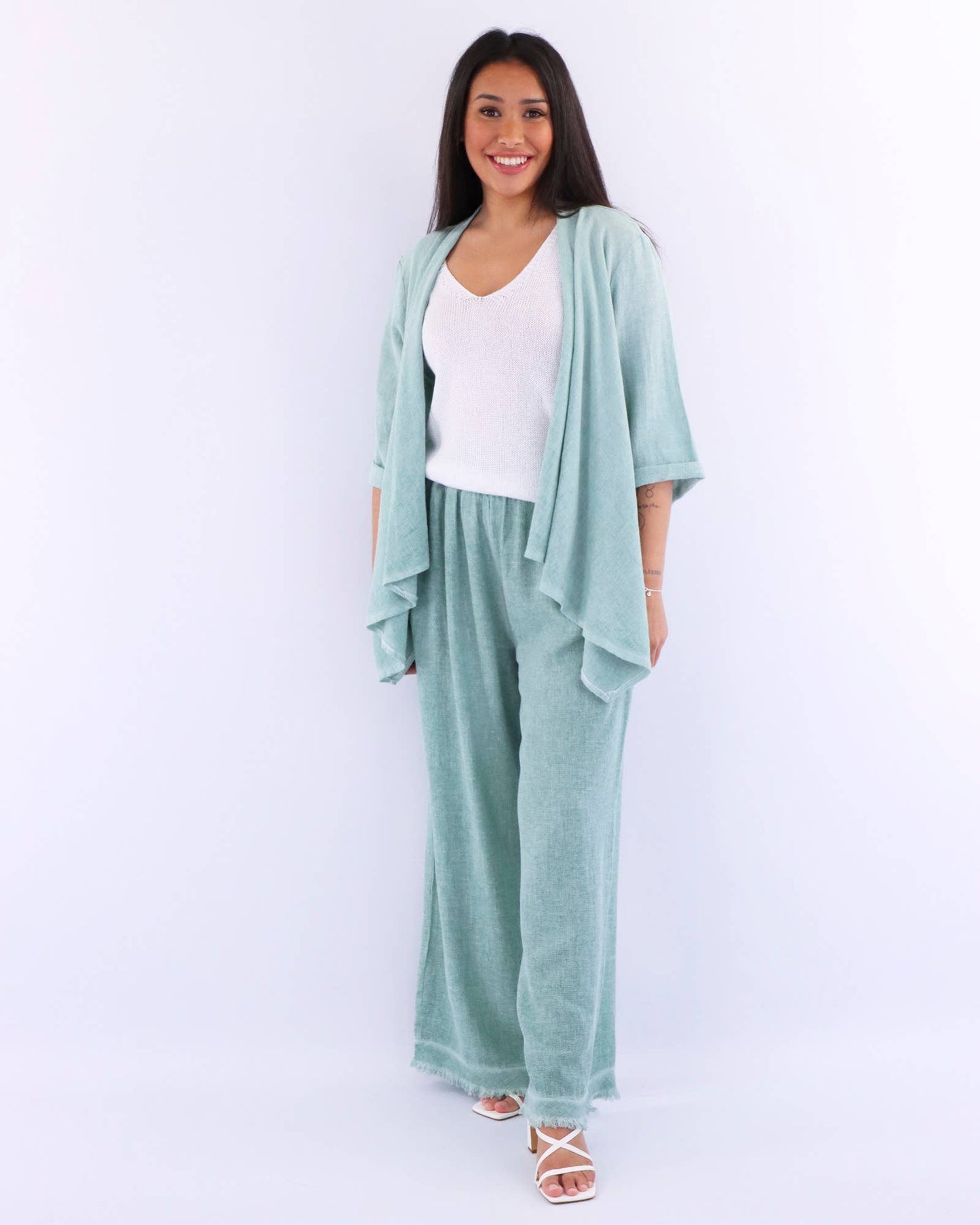 Cadenza Linen and Cotton Blend Waterfall Front Cardi: One Size