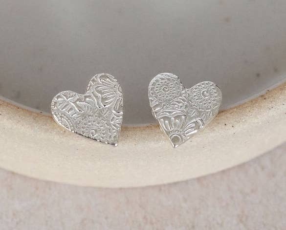 Sterling Silver Textured Heart Studs