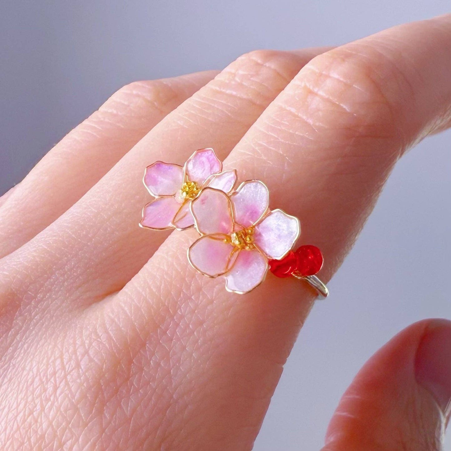 Ninaouity - Handmade Little Dark Pink Cherry Blossom Flowers Ring