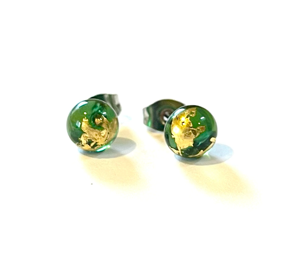 Green and Gold Whisky Studs, Recycled Bottle Glass and Surgical Steel