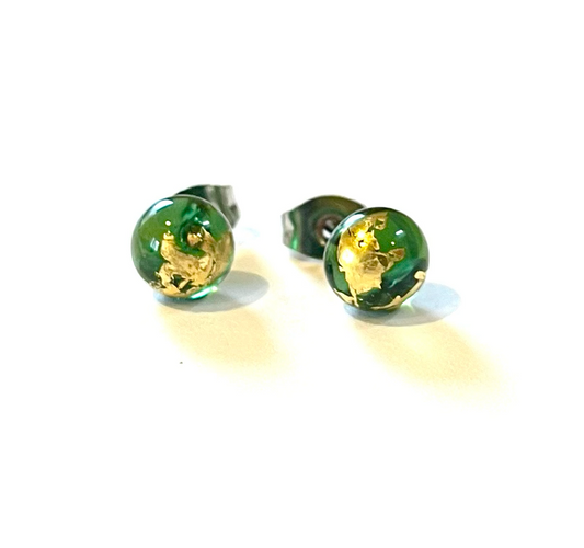Green and Gold Whisky Studs, Recycled Bottle Glass and Surgical Steel