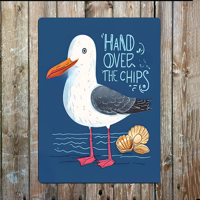Hand Over The chips Seagull Nautical Metal Sign Plaque