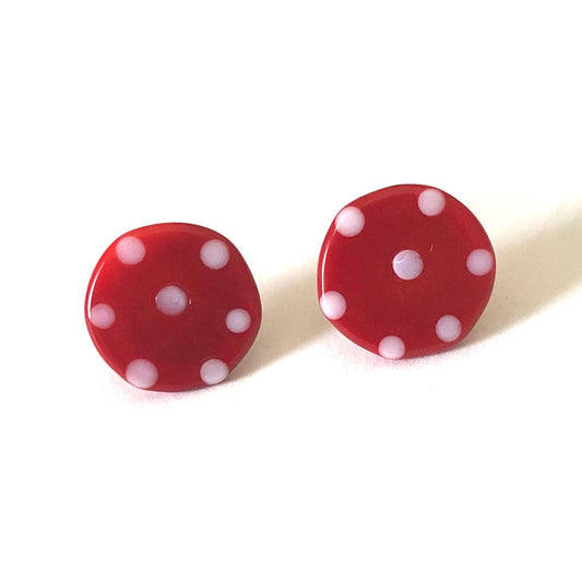 Dotty Red Handmade Glass Button Stud Earrings