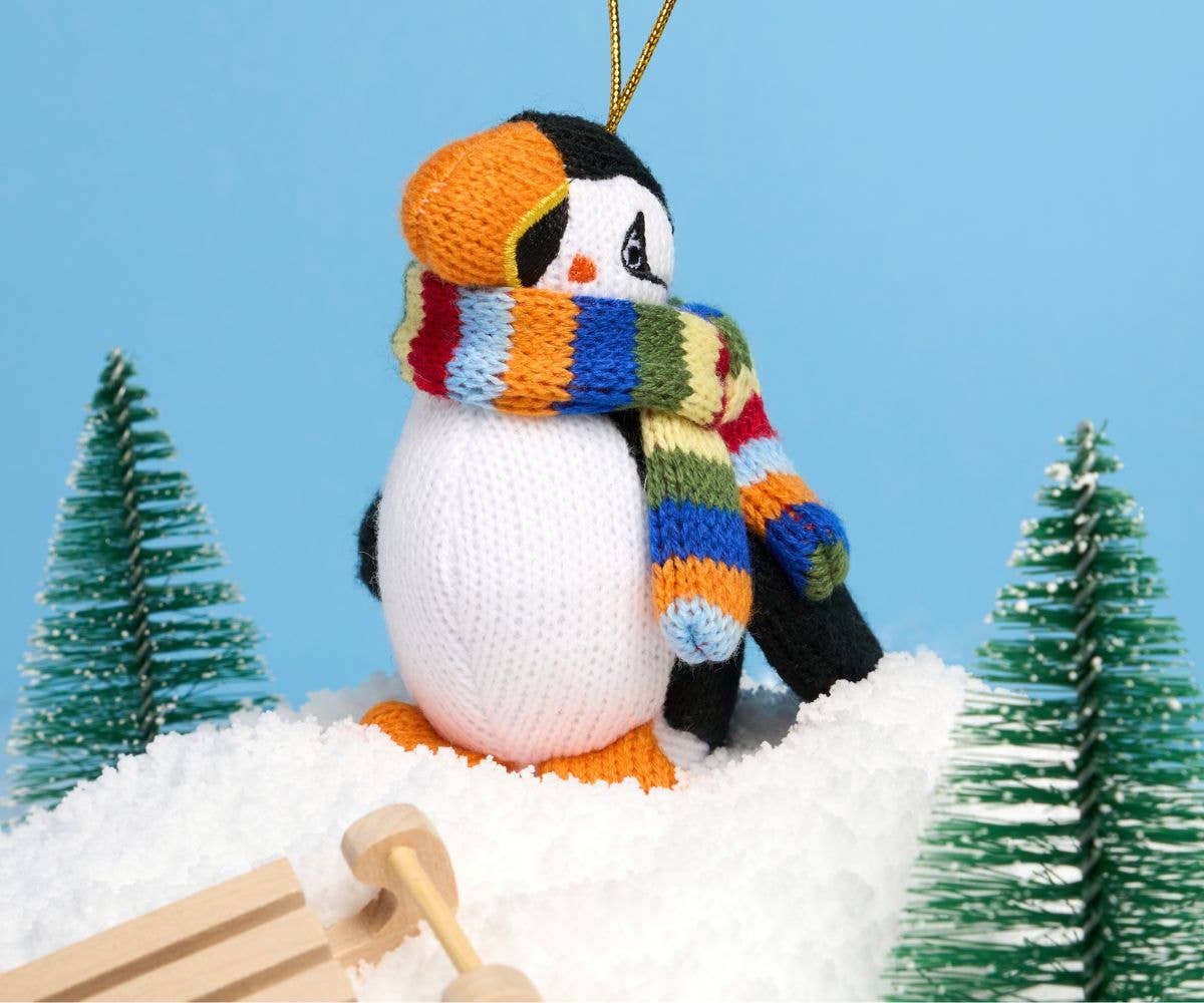 Puffin Hanging Decoration with stripe scarf Knitted