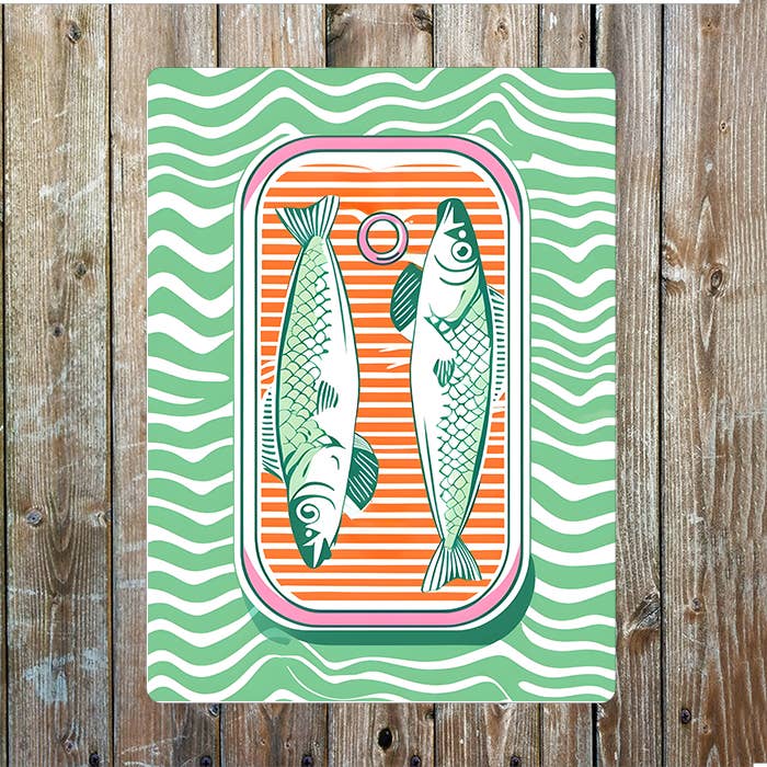 Open Fish Sardine Can With Waves Metal Sign Plaque