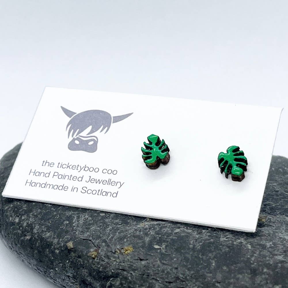 Hand-Painted Wooden Monstera Leaf Earrings