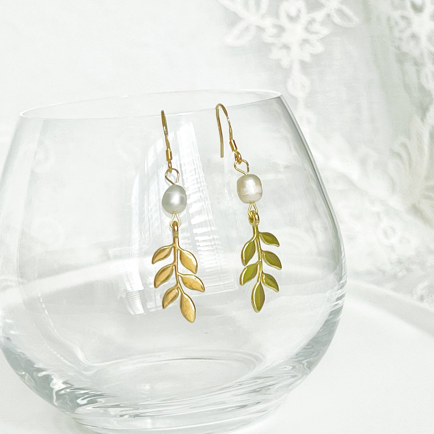 Ninaouity - Gold Willow Leaf and Freshwater Pearl Earrings