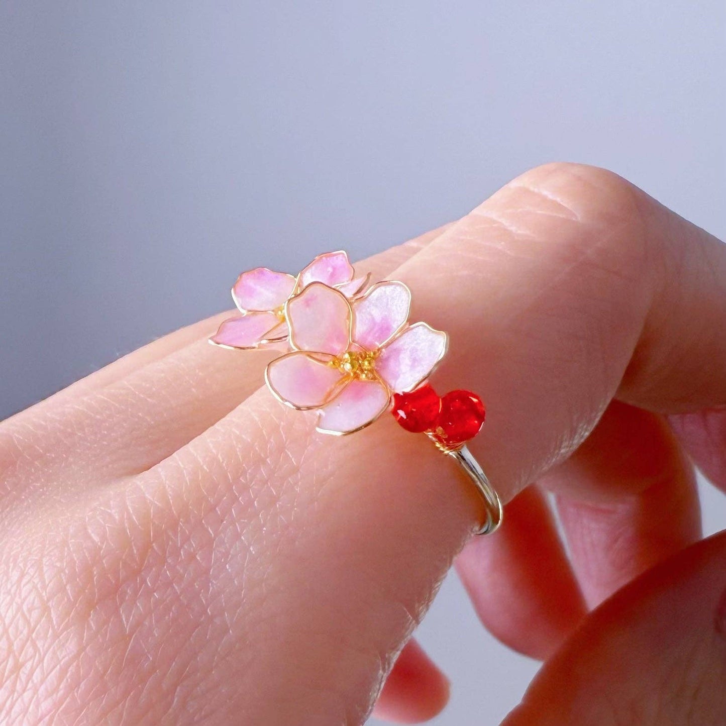 Ninaouity - Handmade Little Dark Pink Cherry Blossom Flowers Ring